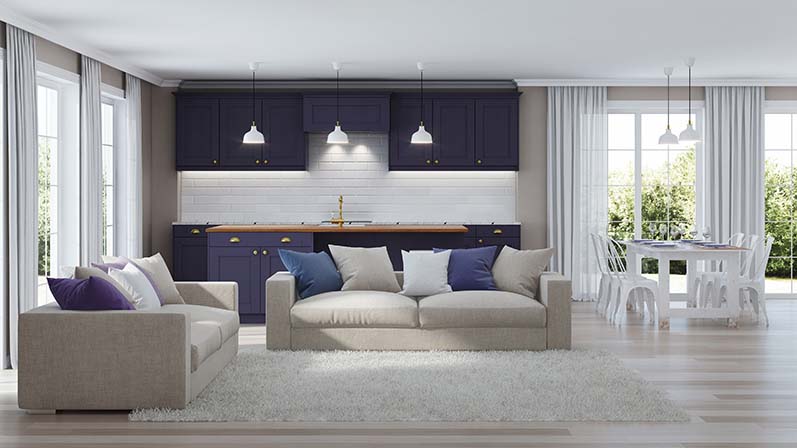 Modern interior of home in deep purple using color psychology